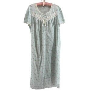 VTG Coquette Nightgown L Floral House Dress MuuMuu Blue Short‎ Sleeve Lace Trim